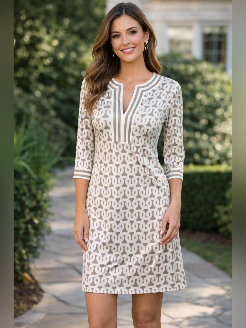 Gretchen Scott Split Neck Jersey Dress Small Loop De Lu Geometric Gray Sz s